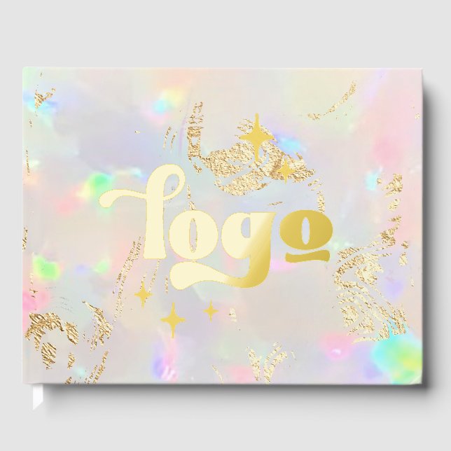 real foil company logo on opal stone guest book (Front)