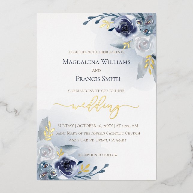 real foil details blue watercolor roses wedding (Front)