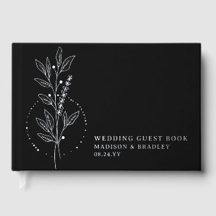 Real Foil Elegant Black Boho Floral Wedding Guest Book