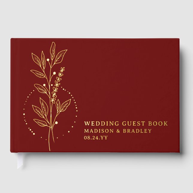 Real Foil Elegant Burgundy Boho Floral Wedding Guest Book (Front)