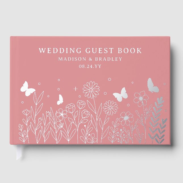 Real Foil Elegant Floral Pink Wedding Guest Book (Front)