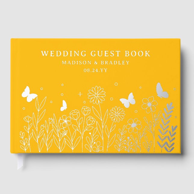 Real Foil Elegant Floral Yellow Wedding Guest Book (Front)