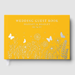 Real Foil Elegant Floral Yellow Wedding Guest Book