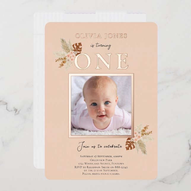 Real Foil, Floral 1st Birthday invitation in peach (Envelope)