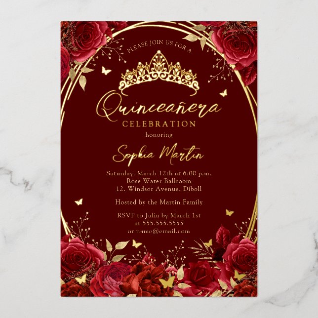 Real Foil Floral Red Butterfly Tiara Quinceanera (Front)