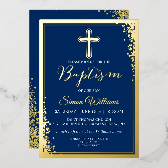 Real Foil Gold Glitter Navy Blue Boy Baptism  (Front/Back)