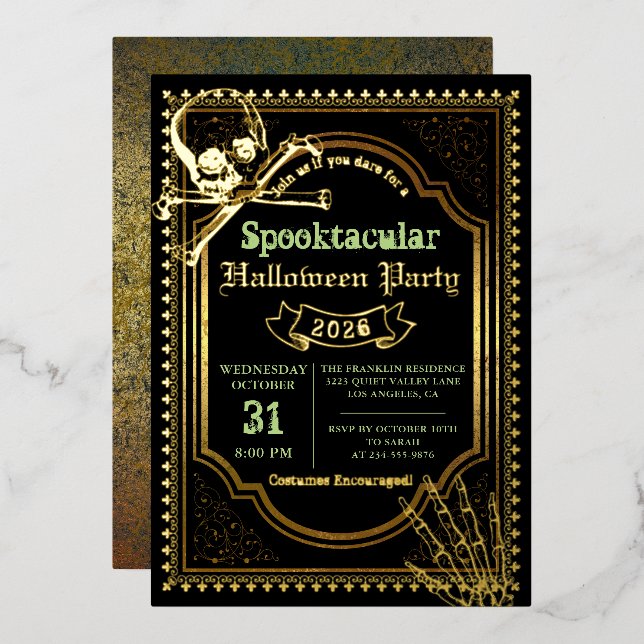Real Foil Gothic Black Gold Skull Halloween Party (Front/Back)