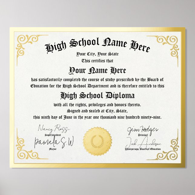 Real foil High School Diploma, GED, homeschool pdf Prints (Front)