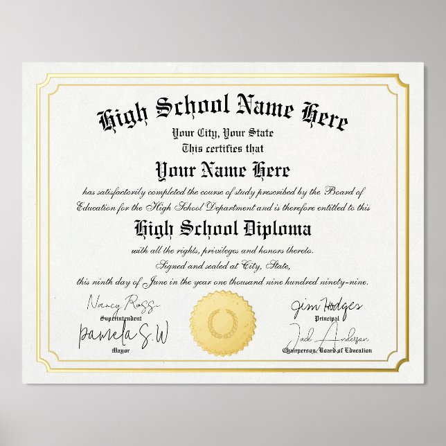 Real foil High School Graduate Diploma homeschool  Foil Prints (Front)