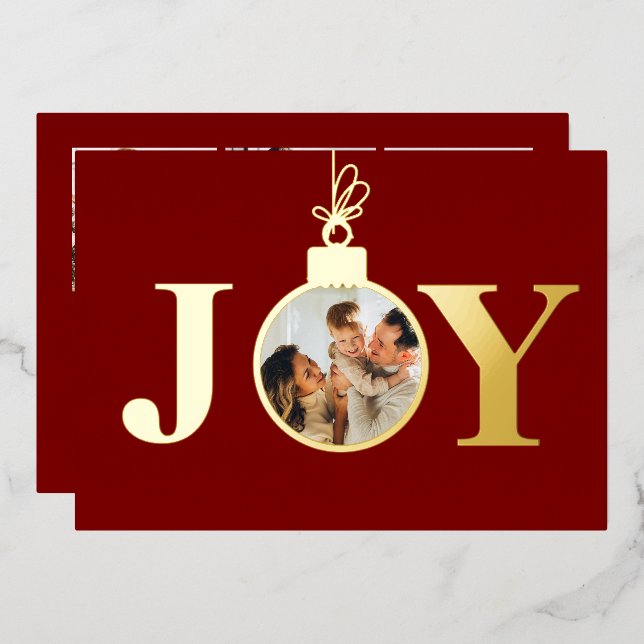 Real Foil Joy Photo Ornament 4 Photos & Message Foil Holiday Card (Front/Back)