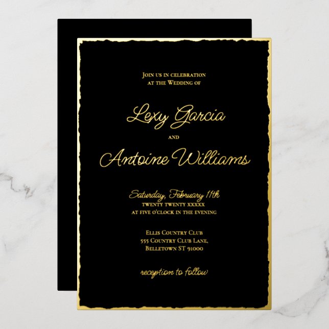 Real Foil Luxe Gold Edge Black Wedding Invitation (Front/Back)