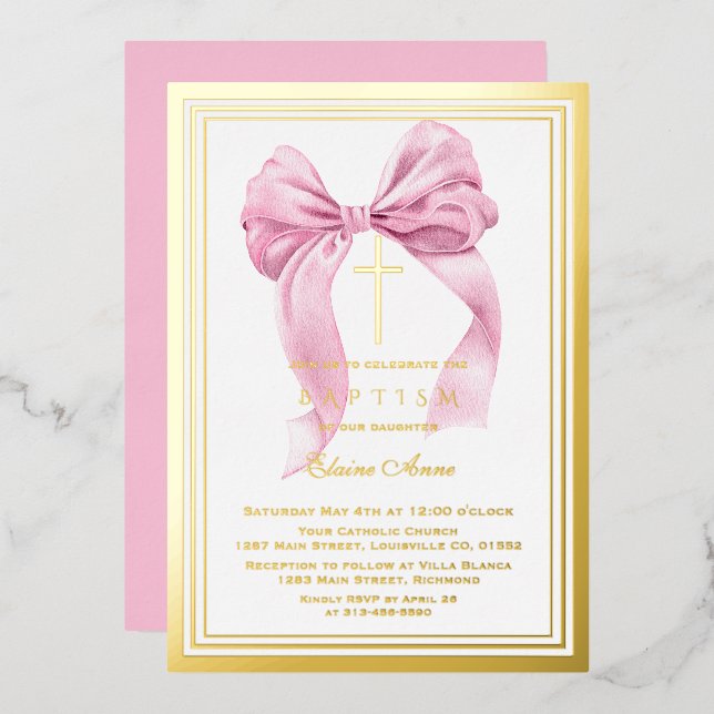 Real Foil Luxury Gold Pink Bow Girl Baptism Foil  (Front/Back)