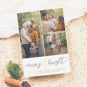Real Foil   Merry & Bright 3 Photo Christmas Holiday Card