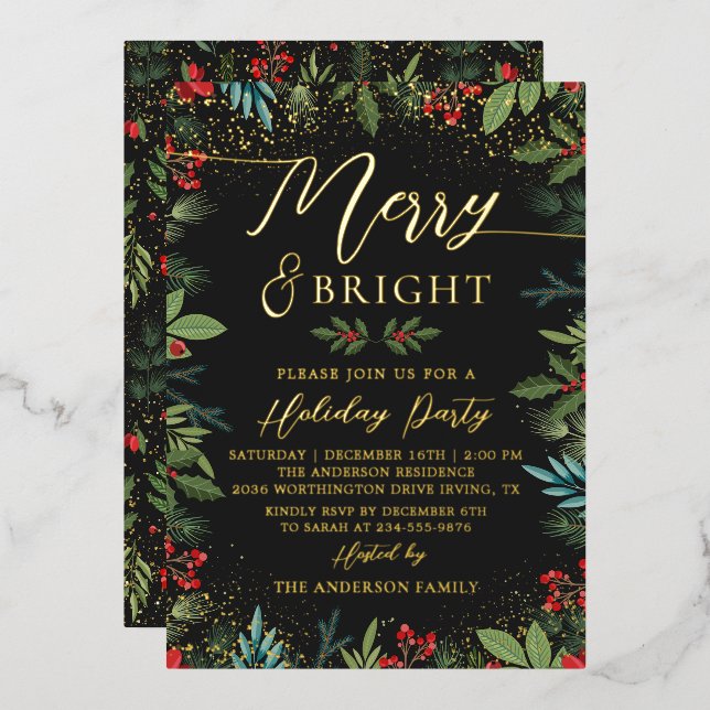 Real Foil Merry & Bright Black Gold Floral Holiday (Front/Back)