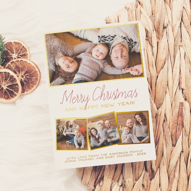 Real Foil | Merry Christmas Modern Script 4 Photo  Holiday Card (Creator Uploaded)