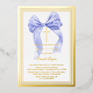 Real Foil Modern Gold Blue Bow Boy Baptism