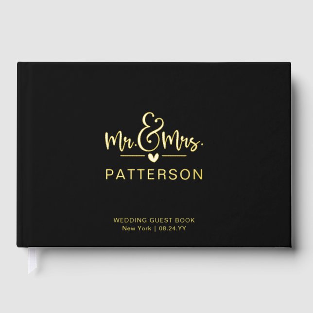 Real Foil Mr & Mrs Personalized Name Black Wedding Guest Book (Front)