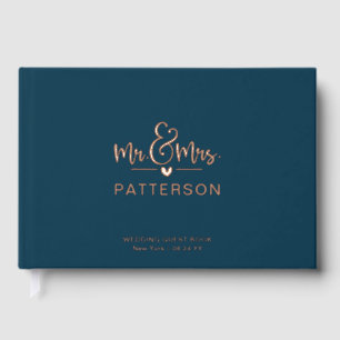 Real Foil Mr & Mrs Personalized Name Blue Wedding Guest Book