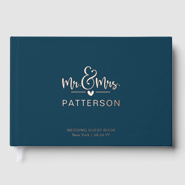 Real Foil Mr & Mrs Personalized Name Blue Wedding Guest Book (Front)