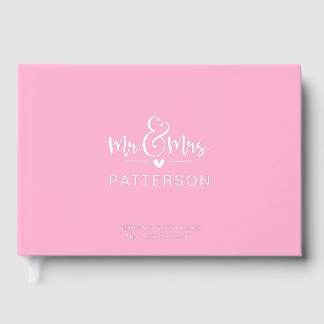 Real Foil Mr & Mrs Personalized Name Pink Wedding Guest Book (Front)