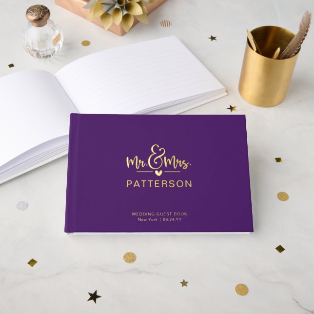 Real Foil Mr & Mrs Personalized Purple Wedding Guest Book (Front Open)