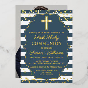 Real Foil Photo Gold Blue Stripes First Communion