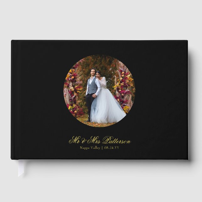 Real Foil Photo Simple Personalized Black Wedding Guest Book (Front)