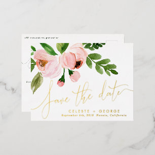 real foil pink floral elegant save the date holiday postcard