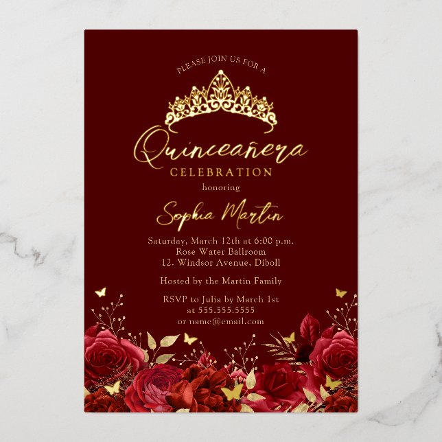 Real Foil Red Floral Butterfly Tiara Quinceanera  (Front)