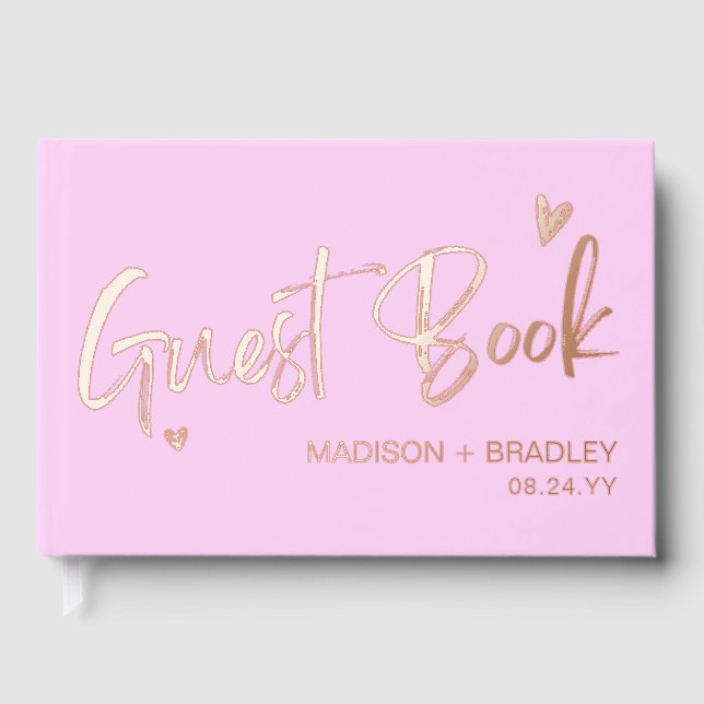 Real Foil Rose Gold Calligraphy Script Wedding Guest Book (Front)