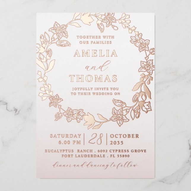 Real Foil Rose Gold Floral Wreath Wedding (Front)