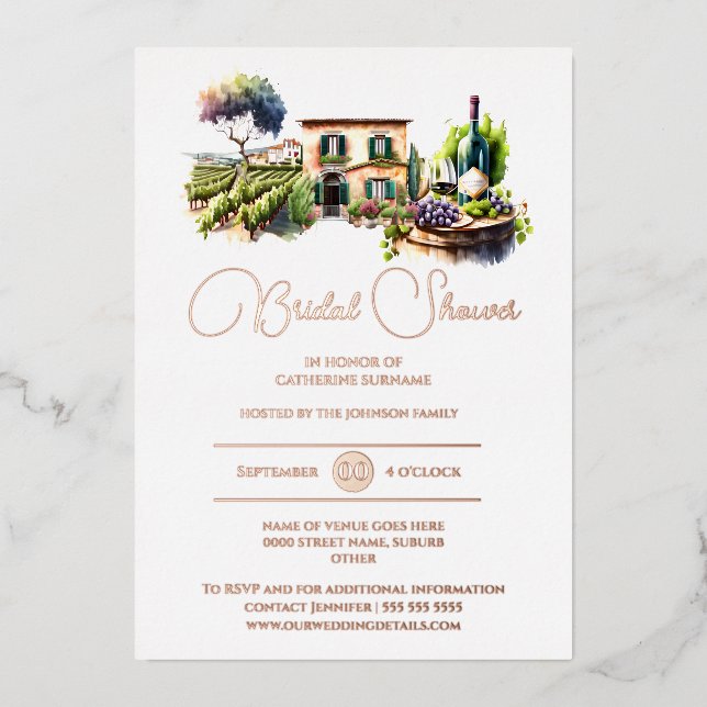 Real foil rustic winery landscape rose gold bridal (Front)