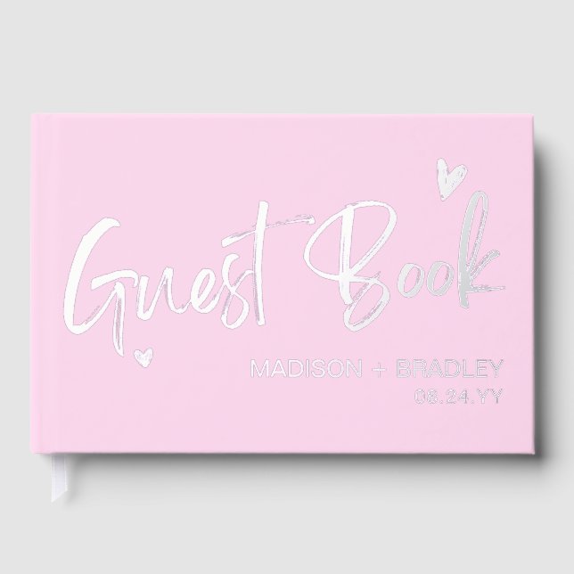 Real Foil Silver Calligraphy Script Modern Wedding Guest Book (Front)
