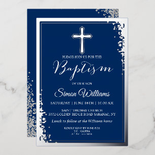Real Foil Silver Glitter Navy Blue Boy Baptism