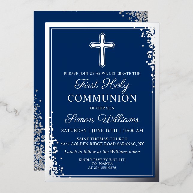 Real Foil Silver Glitter Navy Blue First Communion (Front/Back)