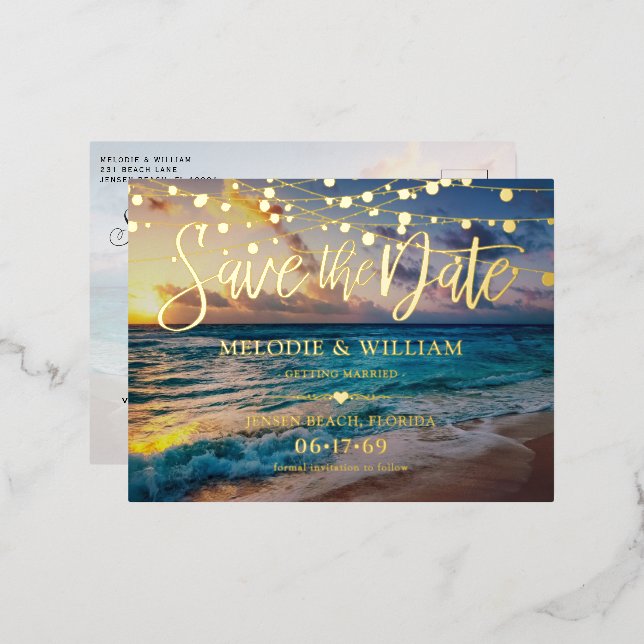 Real Foil Tropical Beach Enregistrer la date Carte (Recto/Verso)