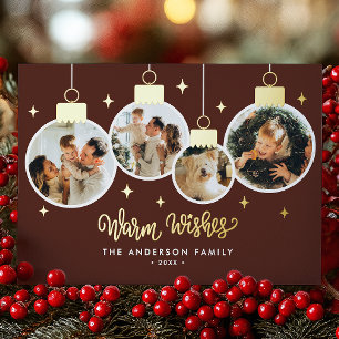 *REAL FOIL* Warm Wishes 4 Ornament Photos Foil Holiday Card