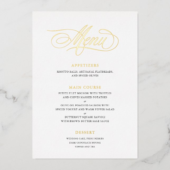 Real Foil Wedding Menu Classic Script Calligraphy (Front)
