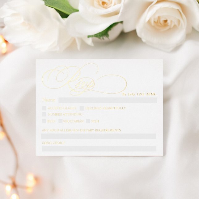Real foil white calligraphy chic rsvp wedding holiday postcard (Real foil white calligraphy chic rsvp wedding foil holiday postcard)