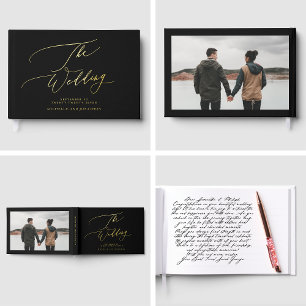 REAL GOLD Black Modern Calligraphy Photo Wedding Guest Book