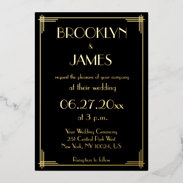 Real Gold Foil Art Deco Wedding Invitations (Front)