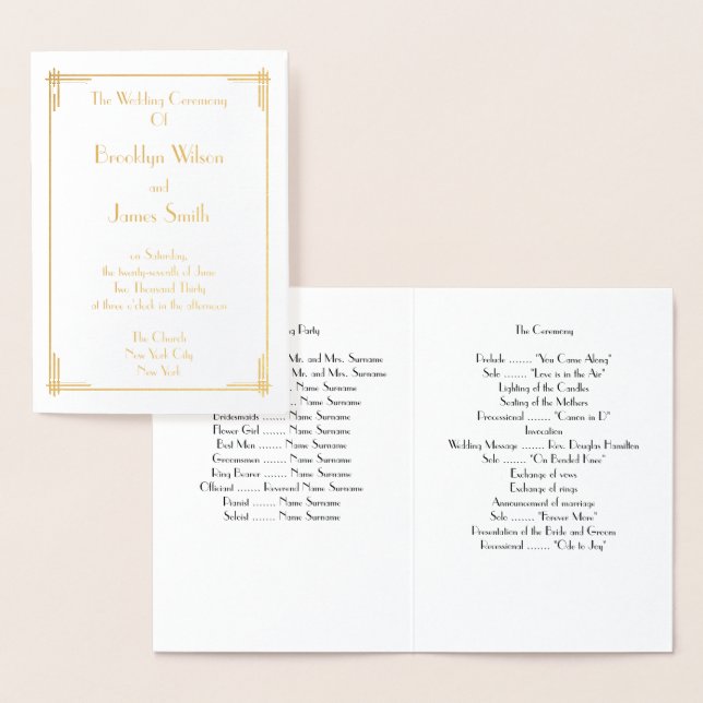Real Gold Foil Art Deco Wedding Programs Card (Display)