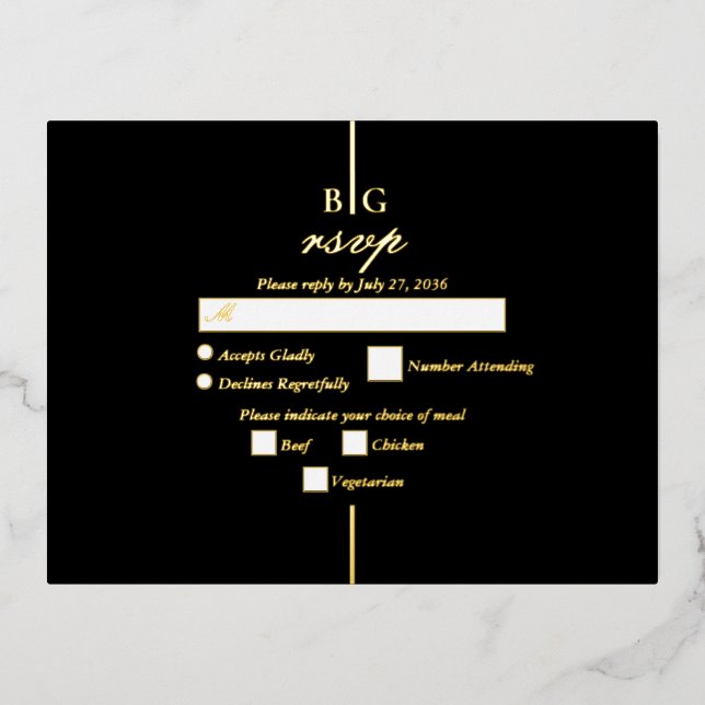 Real Gold Foil Black Monogram Wedding RSVP Invitation Postcard (Front)