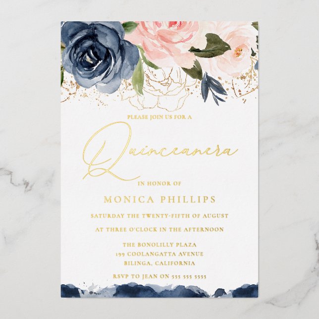 Real Gold Foil Blush & Navy Quinceanera Party (Front)