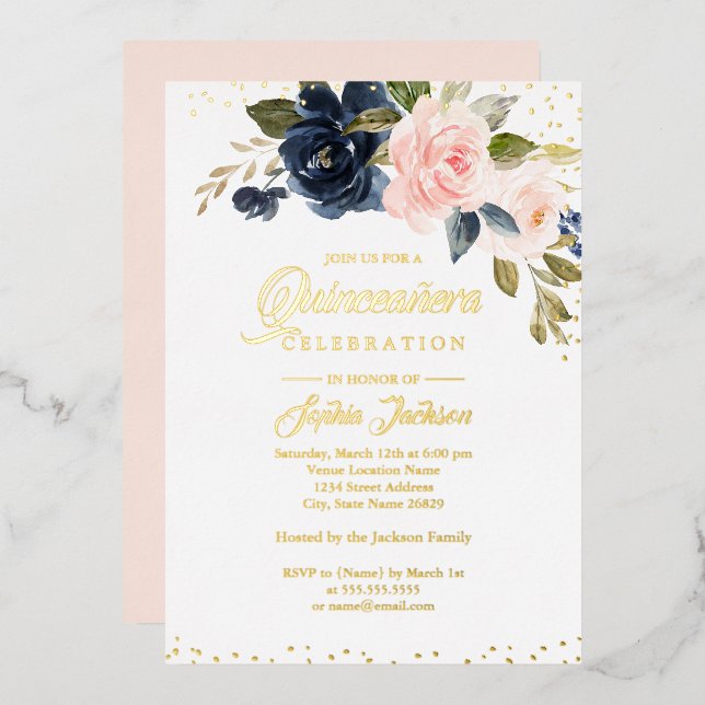 REAL GOLD FOIL Blush Pink Navy Floral Quinceanera (Front/Back)