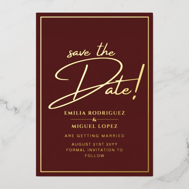 Real GOLD Foil Burgundy Save the Date Wedding (Front)