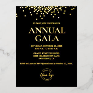  Real Gold foil confetti on black Custom logo Gala Invitation Postcard