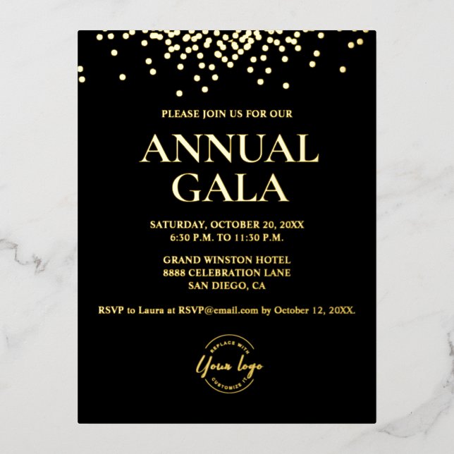  Real Gold foil confetti on black Custom logo Gala Invitation Postcard (Front)