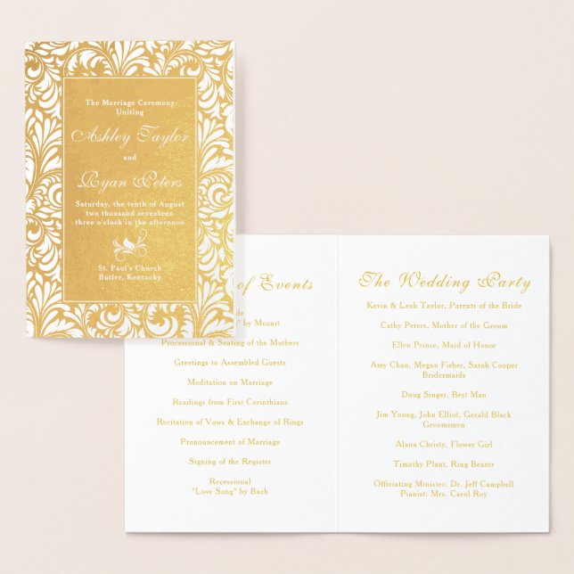 Real Gold Foil Damask Floral Wedding Program Foil Card (Display)