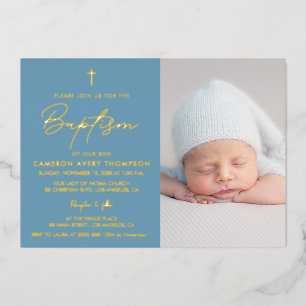 Real Gold Foil Dusty Blue Baby Boy Photo Baptism I